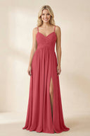 Cami Strap Chiffon A - Line Bridesmaid Dress with Slit in Merlot - KissProm Bridesmaid Dresses