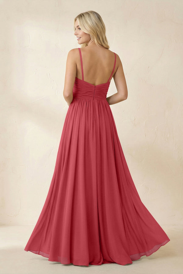 Cami Strap Chiffon A - Line Bridesmaid Dress with Slit in Merlot - KissProm Bridesmaid Dresses