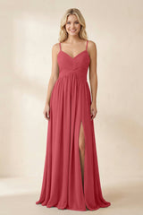Cami Strap Chiffon A - Line Bridesmaid Dress with Slit in Merlot - KissProm Bridesmaid Dresses