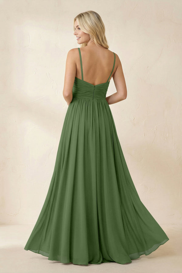 Cami Strap Chiffon A - Line Bridesmaid Dress with Slit in Moss - KissProm Bridesmaid Dresses