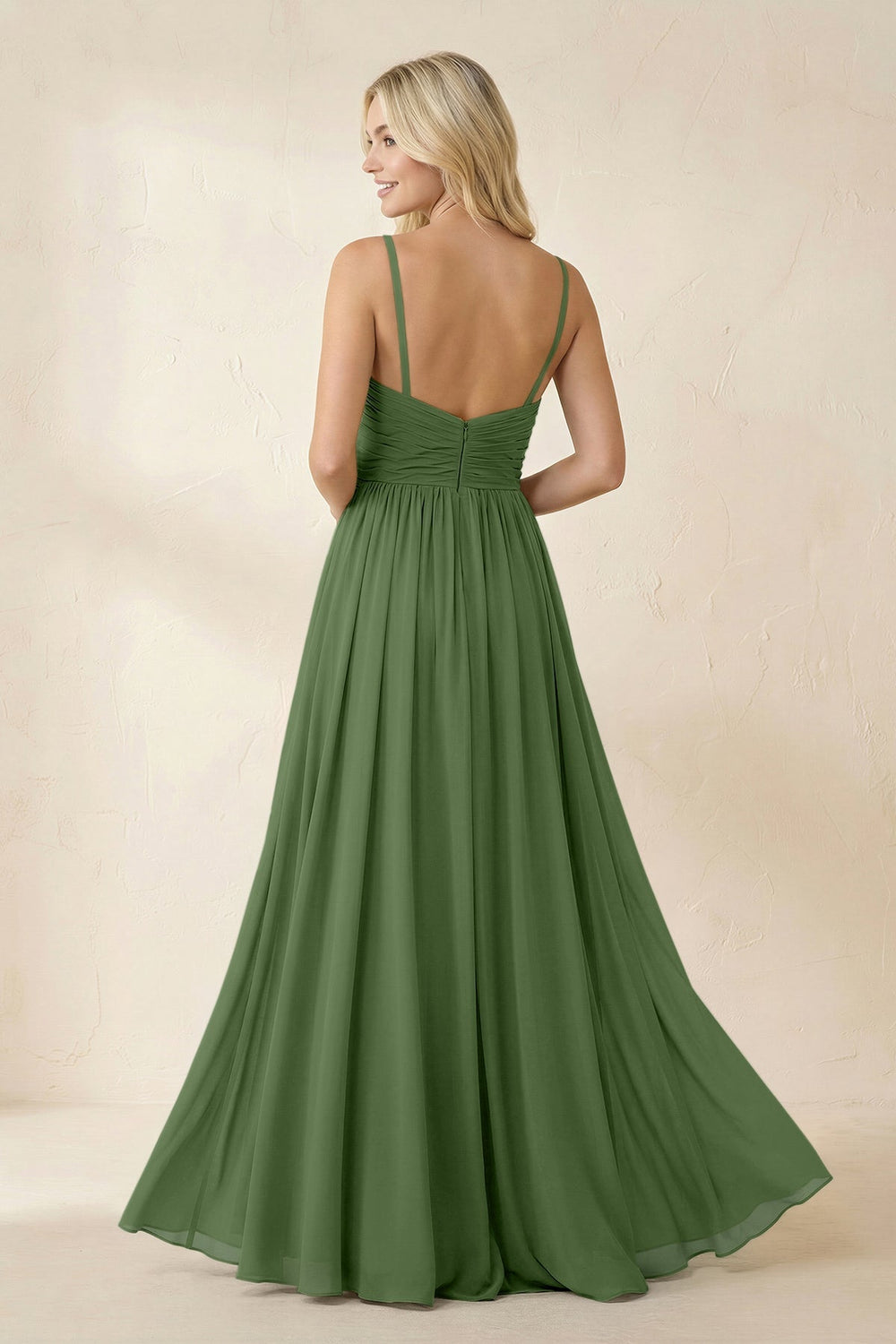 Cami Strap Chiffon A - Line Bridesmaid Dress with Slit in Moss - KissProm Bridesmaid Dresses