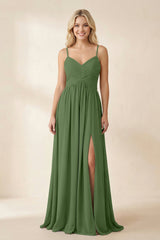 Cami Strap Chiffon A - Line Bridesmaid Dress with Slit in Moss - KissProm Bridesmaid Dresses