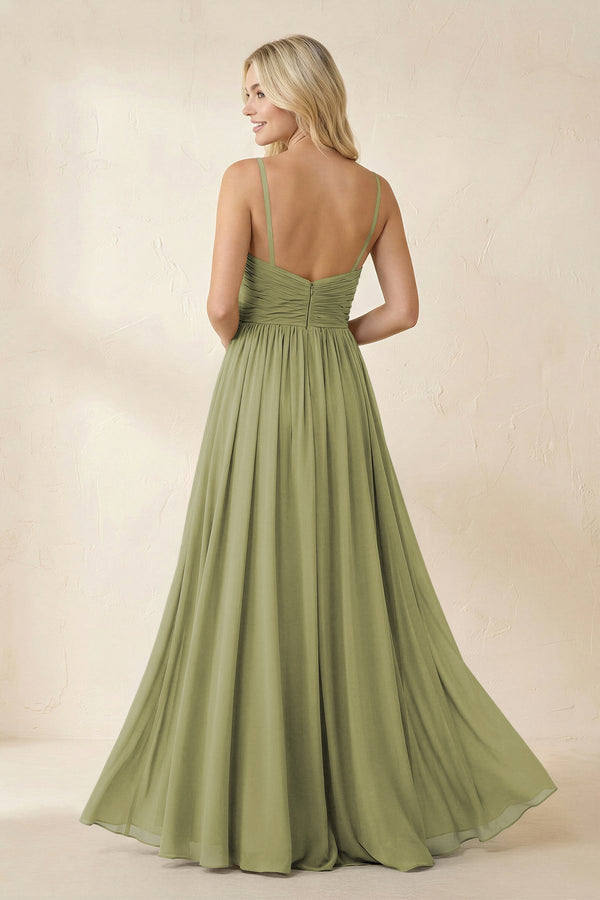 Cami Strap Chiffon A - Line Bridesmaid Dress with Slit in Moss Green - KissProm Bridesmaid Dresses
