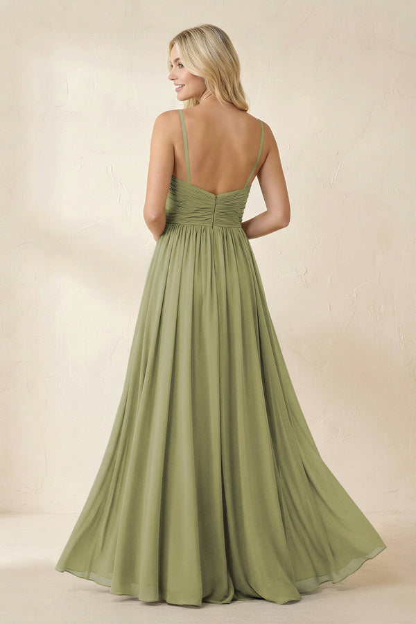 Cami Strap Chiffon A - Line Bridesmaid Dress with Slit in Moss Green - KissProm Bridesmaid Dresses