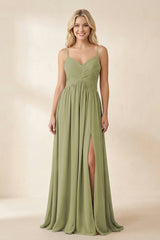 Cami Strap Chiffon A - Line Bridesmaid Dress with Slit in Moss Green - KissProm Bridesmaid Dresses