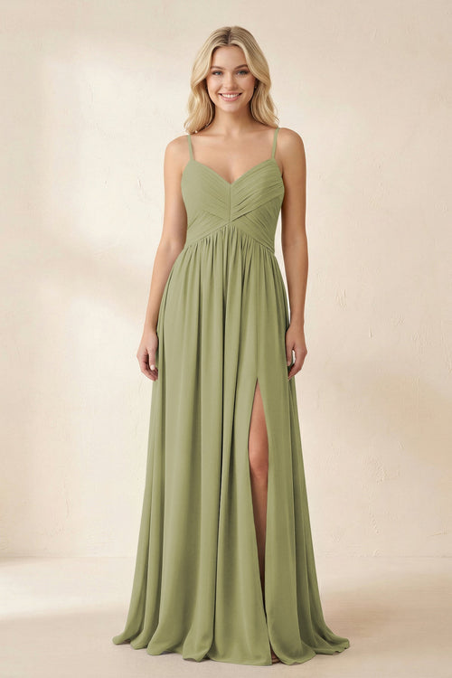 Cami Strap Chiffon A - Line Bridesmaid Dress with Slit in Moss Green - KissProm Bridesmaid Dresses