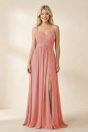 Cami Strap Chiffon A - Line Bridesmaid Dress with Slit in Mulberry - KissProm Bridesmaid Dresses