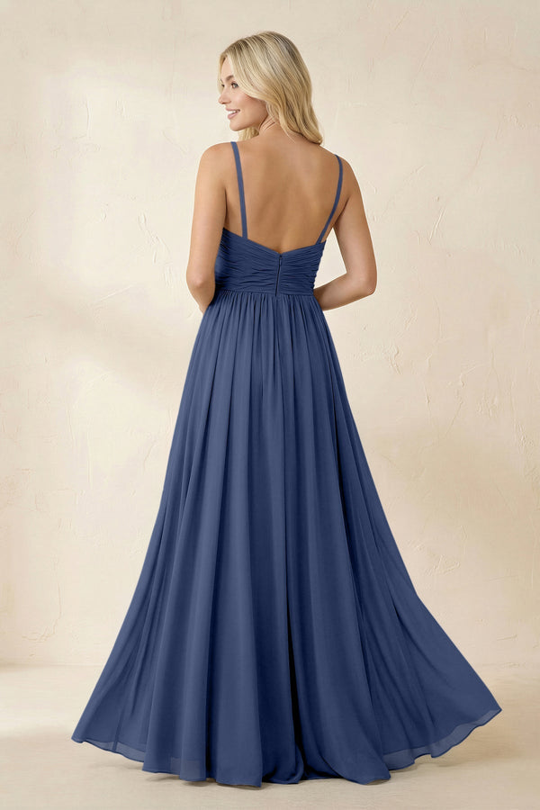 Cami Strap Chiffon A - Line Bridesmaid Dress with Slit in Navy - KissProm Bridesmaid Dresses