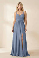 Cami Strap Chiffon A - Line Bridesmaid Dress with Slit in Neptune - KissProm Bridesmaid Dresses