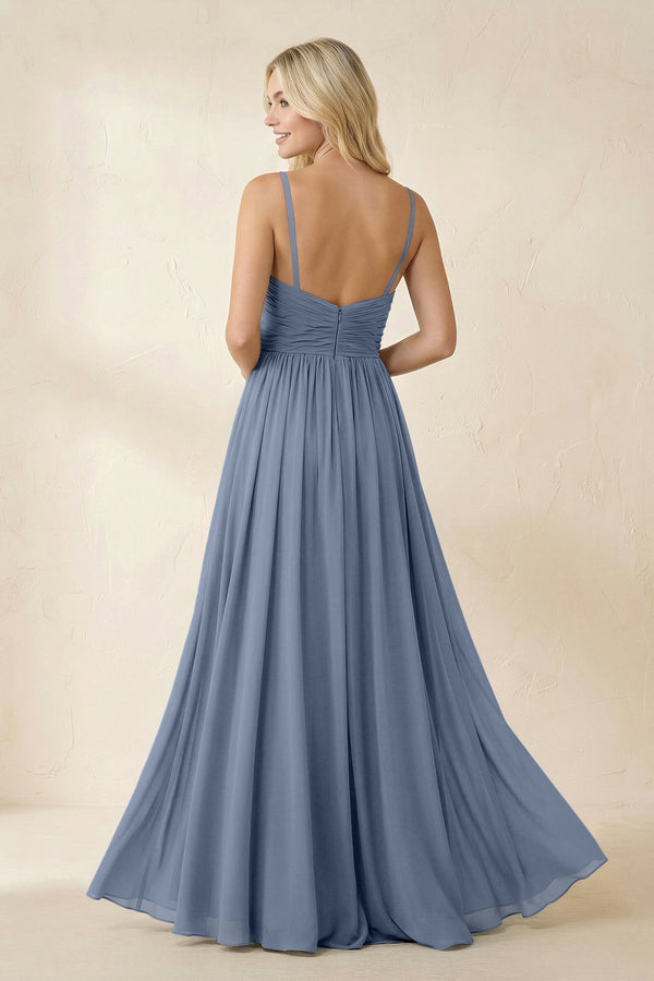 Cami Strap Chiffon A - Line Bridesmaid Dress with Slit in Neptune - KissProm Bridesmaid Dresses