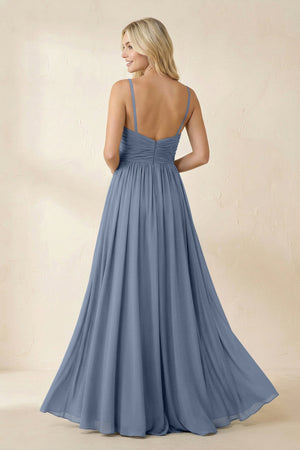 Cami Strap Chiffon A - Line Bridesmaid Dress with Slit in Neptune - KissProm Bridesmaid Dresses