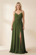 Cami Strap Chiffon A - Line Bridesmaid Dress with Slit in Olive - KissProm Bridesmaid Dresses