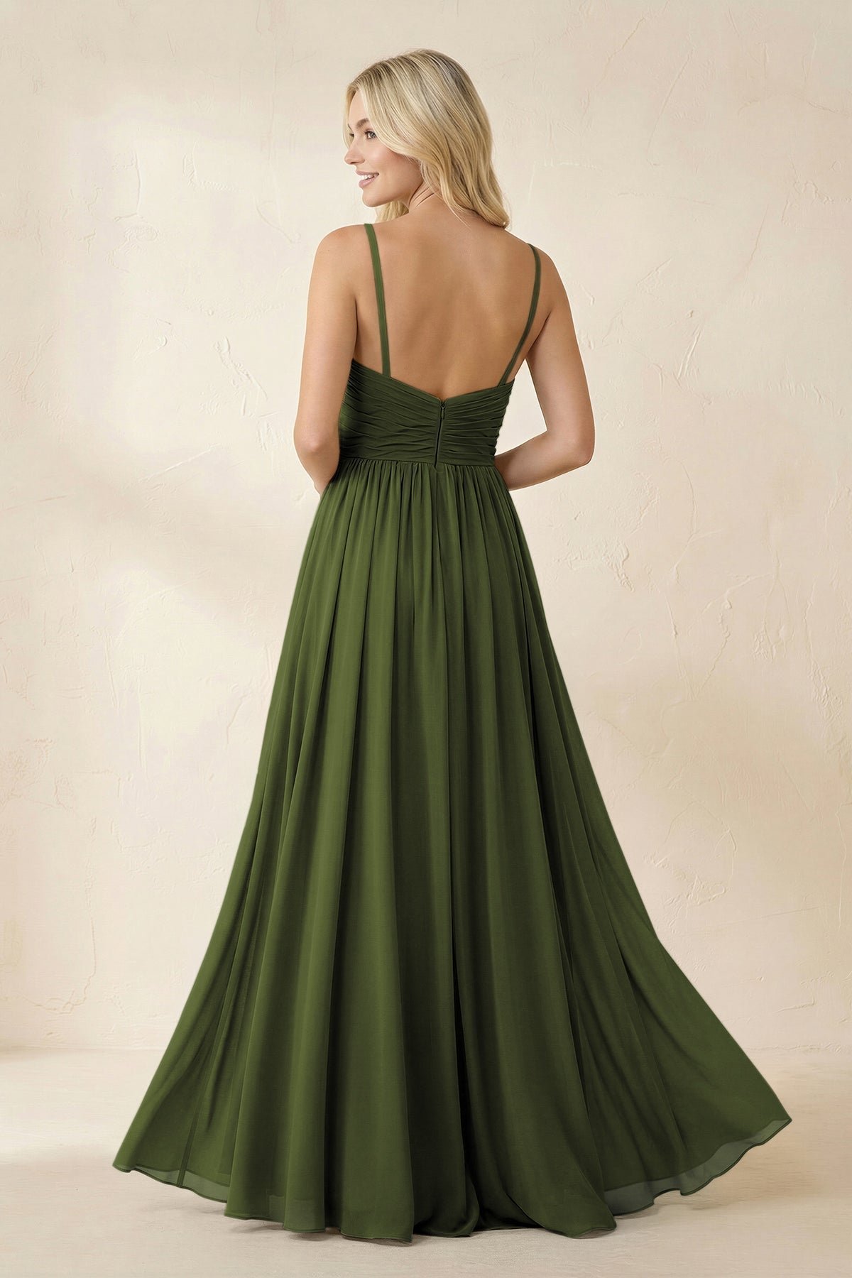 KissProm Cami Strap Chiffon A-Line Bridesmaid Dress with Slit in Olive, Olive / 30