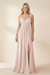 Cami Strap Chiffon A - Line Bridesmaid Dress with Slit in Pale Blush - KissProm Bridesmaid Dresses