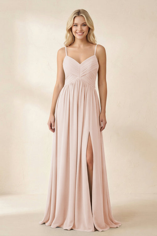 Cami Strap Chiffon A - Line Bridesmaid Dress with Slit in Pale Blush - KissProm Bridesmaid Dresses