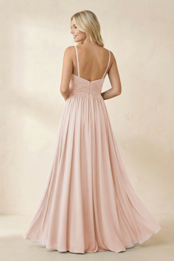 Cami Strap Chiffon A - Line Bridesmaid Dress with Slit in Pale Blush - KissProm Bridesmaid Dresses