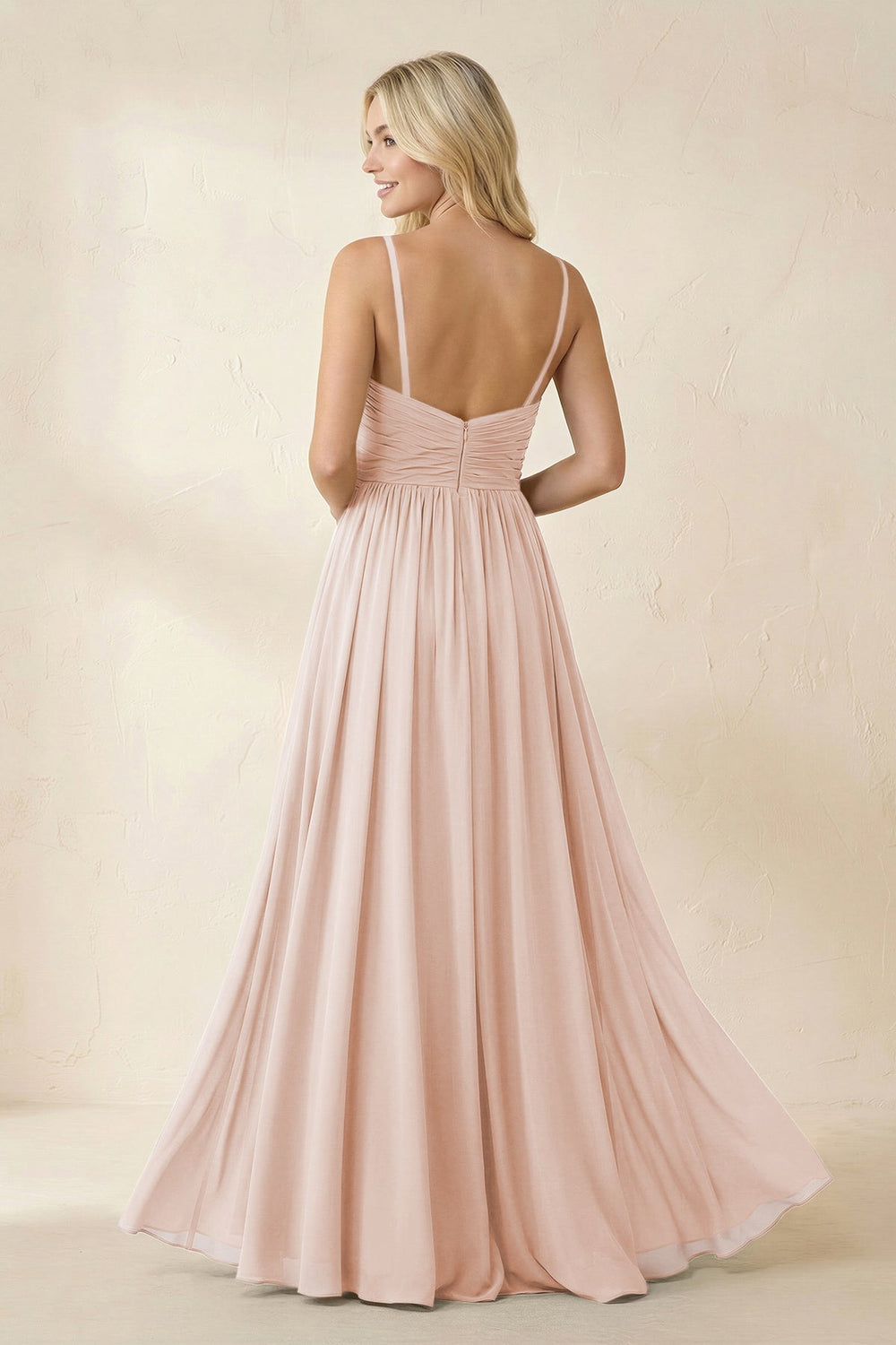 Cami Strap Chiffon A - Line Bridesmaid Dress with Slit in Pale Blush - KissProm Bridesmaid Dresses