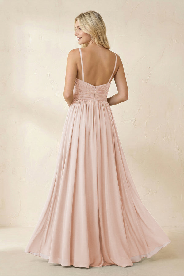 Cami Strap Chiffon A - Line Bridesmaid Dress with Slit in Pale Blush - KissProm Bridesmaid Dresses