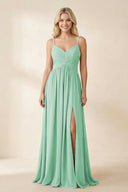 Cami Strap Chiffon A - Line Bridesmaid Dress with Slit in Pale Pistachio - KissProm Bridesmaid Dresses