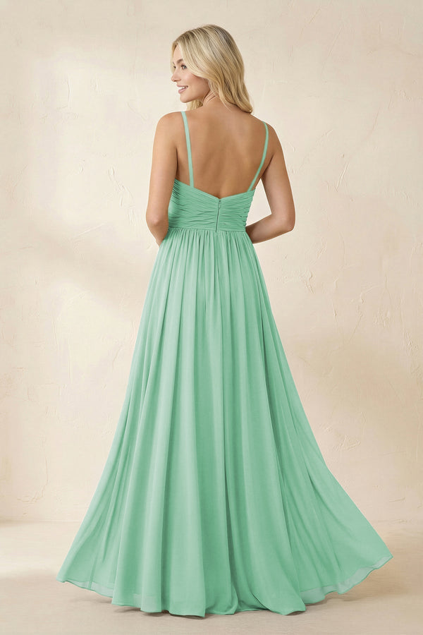 Cami Strap Chiffon A - Line Bridesmaid Dress with Slit in Pale Pistachio - KissProm Bridesmaid Dresses