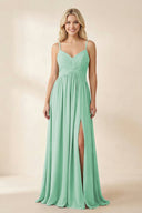 Cami Strap Chiffon A - Line Bridesmaid Dress with Slit in Pale Pistachio - KissProm Bridesmaid Dresses