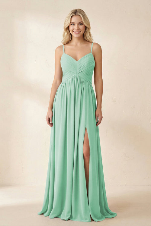 Cami Strap Chiffon A - Line Bridesmaid Dress with Slit in Pale Pistachio - KissProm Bridesmaid Dresses