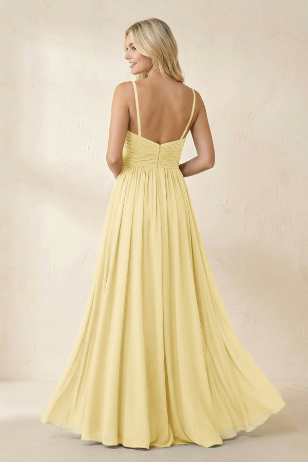 Cami Strap Chiffon A - Line Bridesmaid Dress with Slit in Pastel Yellow - KissProm Bridesmaid Dresses