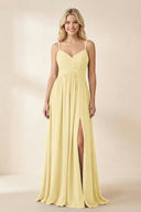 Cami Strap Chiffon A - Line Bridesmaid Dress with Slit in Pastel Yellow - KissProm Bridesmaid Dresses