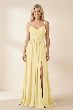 Cami Strap Chiffon A - Line Bridesmaid Dress with Slit in Pastel Yellow - KissProm Bridesmaid Dresses