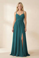 Cami Strap Chiffon A - Line Bridesmaid Dress with Slit in Pine - KissProm Bridesmaid Dresses
