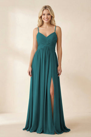 Cami Strap Chiffon A - Line Bridesmaid Dress with Slit in Pine - KissProm Bridesmaid Dresses