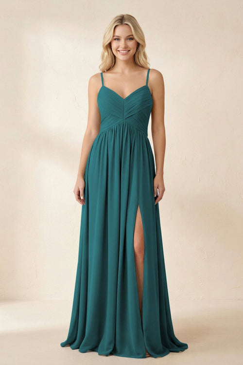 Cami Strap Chiffon A - Line Bridesmaid Dress with Slit in Pine - KissProm Bridesmaid Dresses
