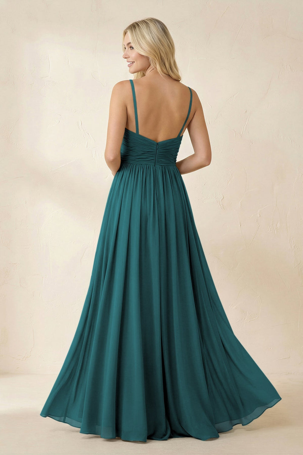 Cami Strap Chiffon A - Line Bridesmaid Dress with Slit in Pine - KissProm Bridesmaid Dresses