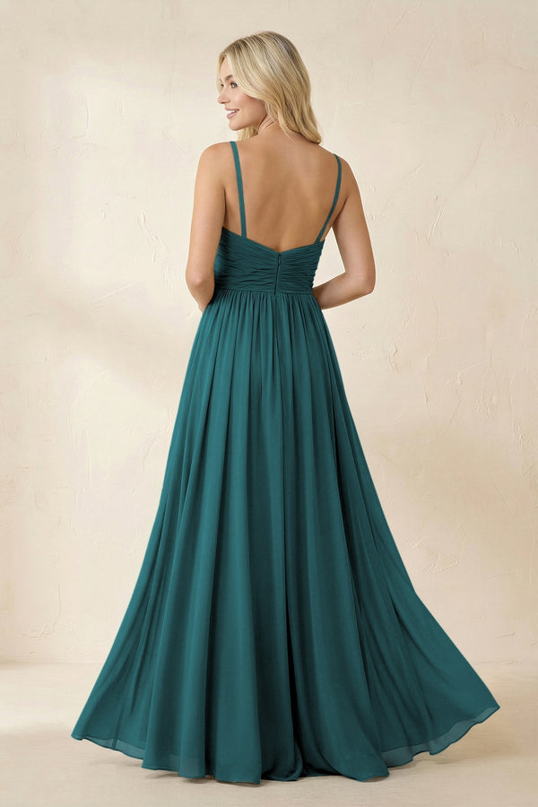 Cami Strap Chiffon A - Line Bridesmaid Dress with Slit in Pine - KissProm Bridesmaid Dresses