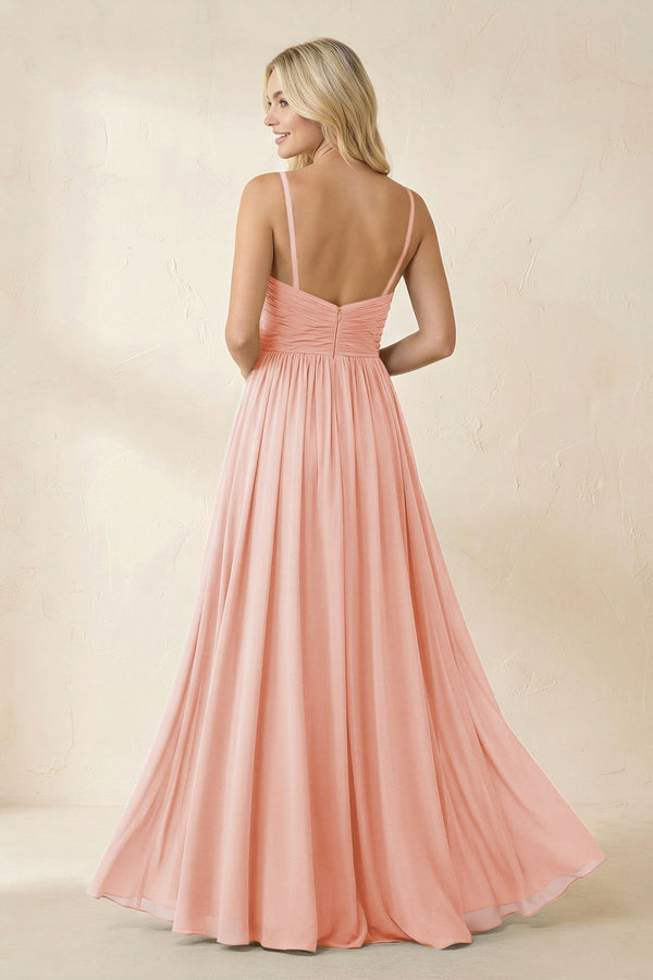 Cami Strap Chiffon A - Line Bridesmaid Dress with Slit in Rose Petal - KissProm Bridesmaid Dresses