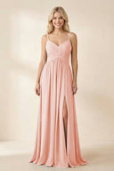 Cami Strap Chiffon A - Line Bridesmaid Dress with Slit in Rose Petal - KissProm Bridesmaid Dresses