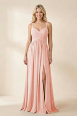 Cami Strap Chiffon A - Line Bridesmaid Dress with Slit in Rose Petal - KissProm Bridesmaid Dresses