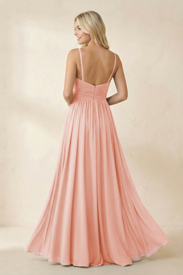Cami Strap Chiffon A - Line Bridesmaid Dress with Slit in Rose Petal - KissProm Bridesmaid Dresses