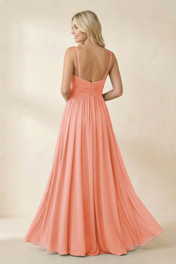 Cami Strap Chiffon A - Line Bridesmaid Dress with Slit in Rosette - KissProm Bridesmaid Dresses