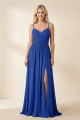 Cami Strap Chiffon A - Line Bridesmaid Dress with Slit in Royal Blue - KissProm Bridesmaid Dresses