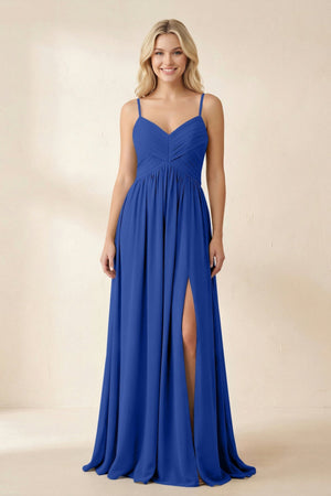 Cami Strap Chiffon A - Line Bridesmaid Dress with Slit in Royal Blue - KissProm Bridesmaid Dresses