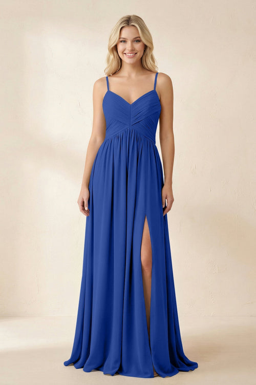 Cami Strap Chiffon A - Line Bridesmaid Dress with Slit in Royal Blue - KissProm Bridesmaid Dresses