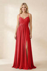 Cami Strap Chiffon A - Line Bridesmaid Dress with Slit in Ruby Red - KissProm Bridesmaid Dresses
