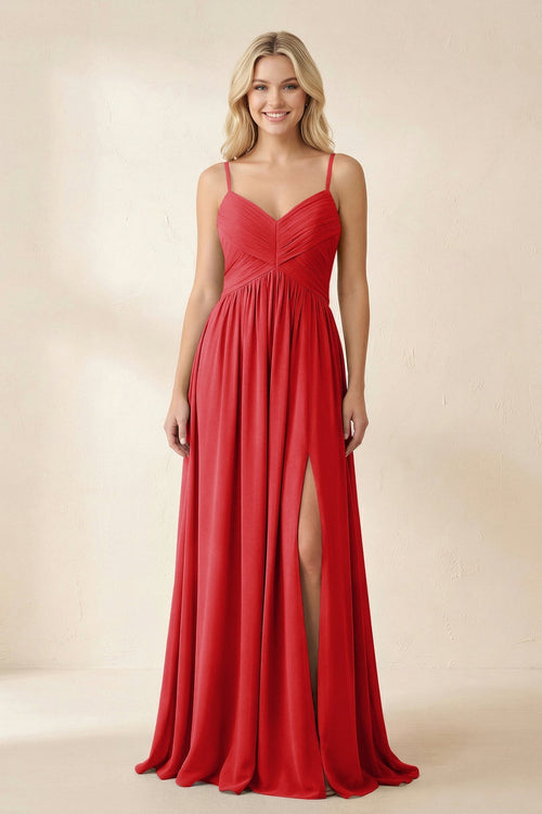 Cami Strap Chiffon A - Line Bridesmaid Dress with Slit in Ruby Red - KissProm Bridesmaid Dresses