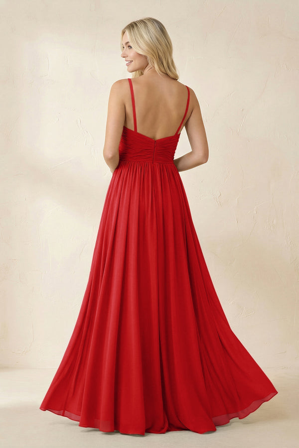 Cami Strap Chiffon A - Line Bridesmaid Dress with Slit in Ruby Red - KissProm Bridesmaid Dresses