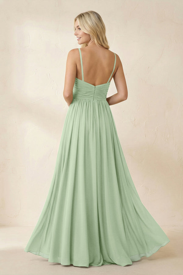 Cami Strap Chiffon A - Line Bridesmaid Dress with Slit in Sage - KissProm Bridesmaid Dresses