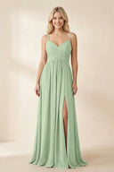 Cami Strap Chiffon A - Line Bridesmaid Dress with Slit in Sage - KissProm Bridesmaid Dresses