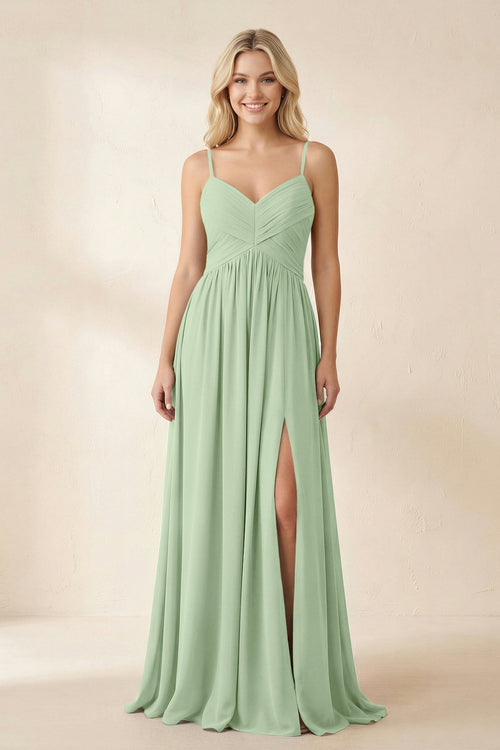 Cami Strap Chiffon A - Line Bridesmaid Dress with Slit in Sage - KissProm Bridesmaid Dresses