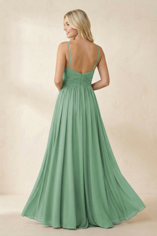 Cami Strap Chiffon A - Line Bridesmaid Dress with Slit in Sea Glass - KissProm Bridesmaid Dresses