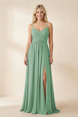 Cami Strap Chiffon A - Line Bridesmaid Dress with Slit in Sea Glass - KissProm Bridesmaid Dresses